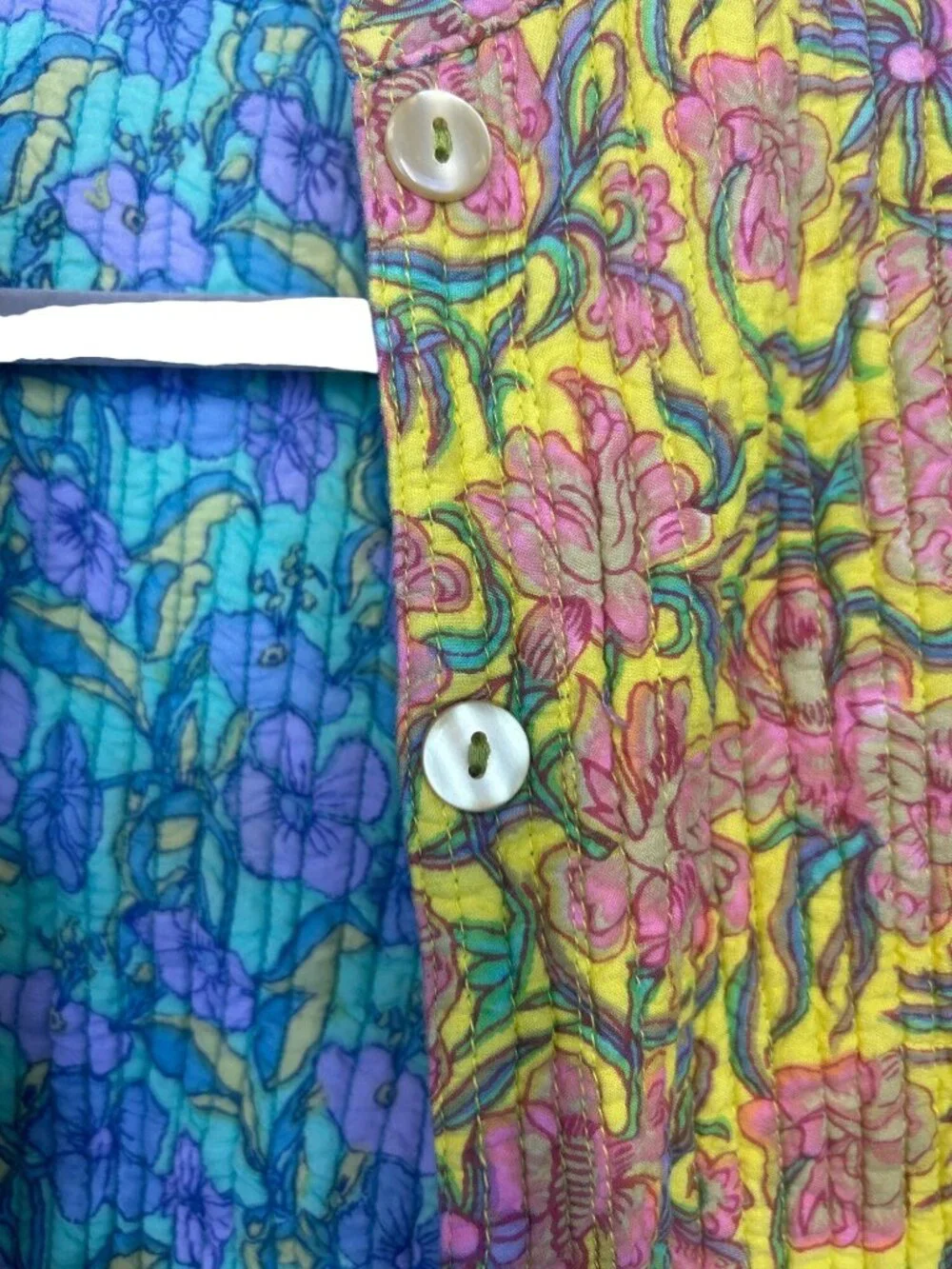 Anu by Natural Reversible Quilted Floral Jacket Yellow Blue Button Artisan